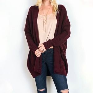 Oxblood open waffle knit waterfall cardigan